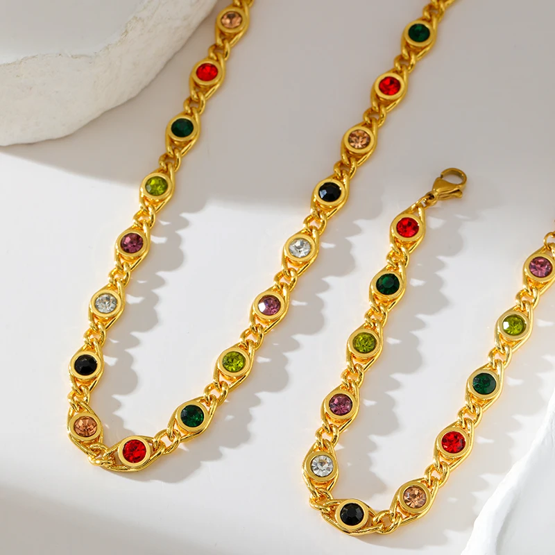 EILIECK 316L Stainless Steel Colorful Zirconia Chain Necklace Bracelet Jewelry Set Collar Women Delicate Necklace Party Gift - Image 3