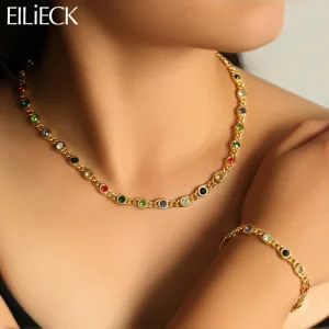 EILIECK 316L Stainless Steel Colorful Zirconia Chain Necklace Bracelet Jewelry Set Collar Women Delicate Necklace Party Gift