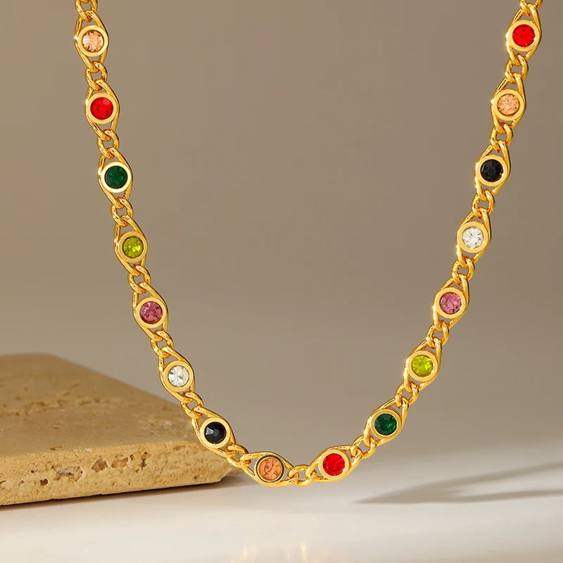 EILIECK 316L Stainless Steel Colorful Zirconia Chain Necklace Bracelet Jewelry Set Collar Women Delicate Necklace Party Gift - Image 6