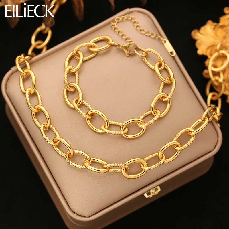 EILIECK 316L Stainless Steel Metal Cuba Chain Necklace Bracelet Set For Women Trendy Gold Color Waterproof Daily Fashion Jewelry
