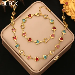 EILIECK 316L Stainless Steel Round Sparkling Zirconia Necklace Bracelet Set For Women Trendy Waterproof Jewelry Set Holiday Gift