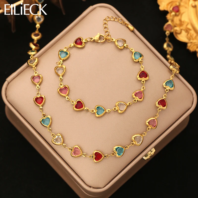 EILIECK 316L Stainless Steel Round Sparkling Zirconia Necklace Bracelet Set For Women Trendy Waterproof Jewelry Set Holiday Gift