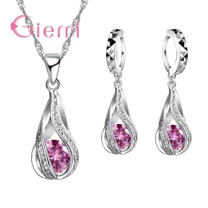 Elegant 8 Colors Cubic Zirconia Pendant Necklace 925 Sterling Silver Hoop Earring Necklaces Jewelry Set For Birthday Gift