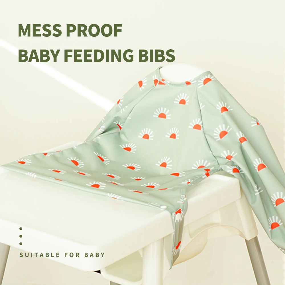 Elinfant New 1 Pc Table Use Polyester Waterproof Fashion Printed Snap Buttons Design Long Sleeve Mess Proof Baby Feeding Bib - Image 2