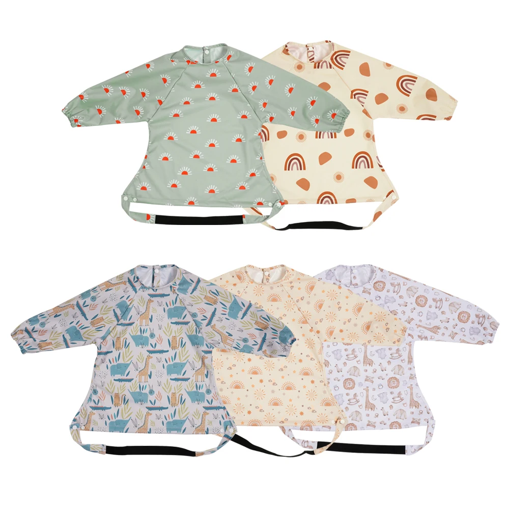 Elinfant New 1 Pc Table Use Polyester Waterproof Fashion Printed Snap Buttons Design Long Sleeve Mess Proof Baby Feeding Bib - Image 6