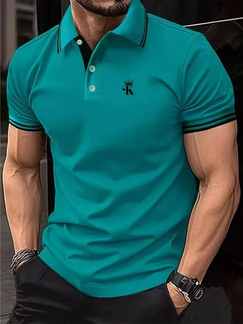 European and American men's summer minimalist letter printed soft and breathable polo short sleeved T-shirt outdoor casual top - Image 2