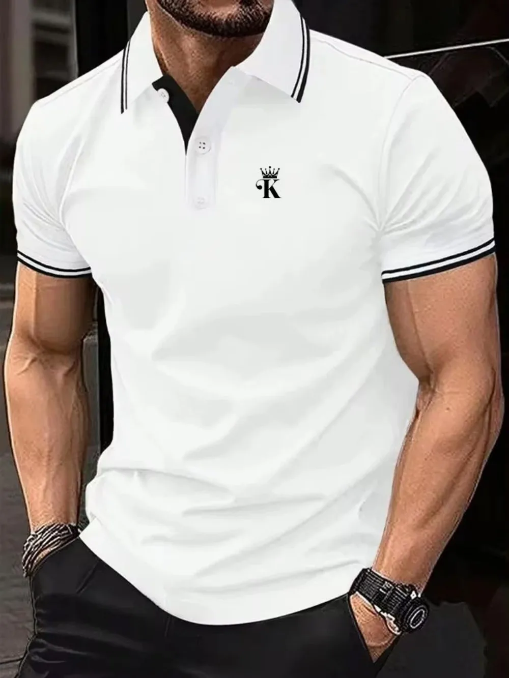 European and American men's summer minimalist letter printed soft and breathable polo short sleeved T-shirt outdoor casual top - Image 3