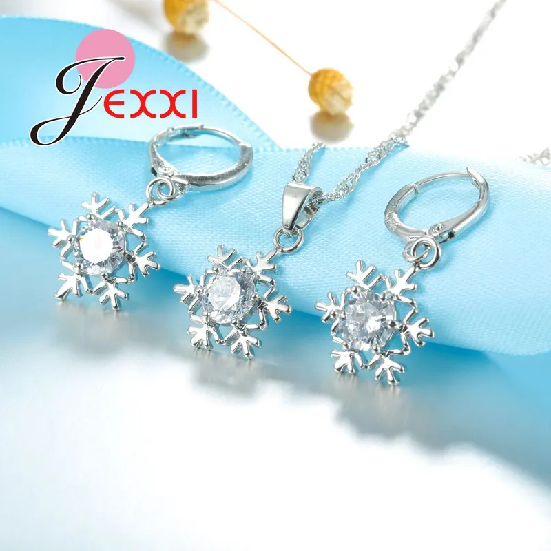 Exquisite Snowflake Cubic Zircon Pendant Necklace Earrings Set Trendy 925 Sterling Silver Jewelry Sets Women Wedding Party Gift - Image 3