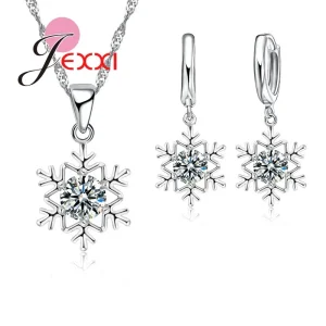 Exquisite Snowflake Cubic Zircon Pendant Necklace Earrings Set Trendy 925 Sterling Silver Jewelry Sets Women Wedding Party Gift