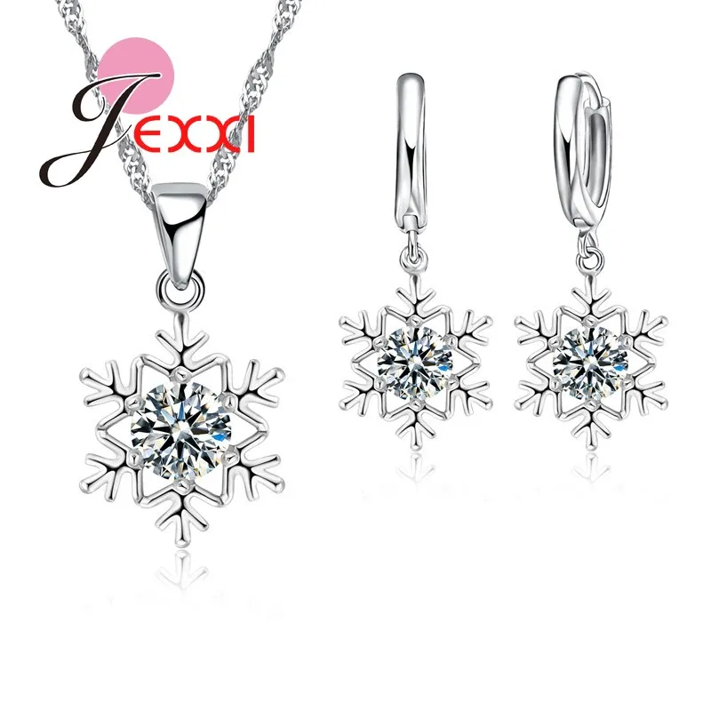 Exquisite Snowflake Cubic Zircon Pendant Necklace Earrings Set Trendy 925 Sterling Silver Jewelry Sets Women Wedding Party Gift