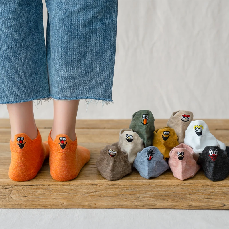 Fashion Ankle Socks Women Smile Embroidered Candy Color Cotton Casual Solid Funny Cute Cartoon Slipper Ear Girl Calcetines Mujer - Image 2