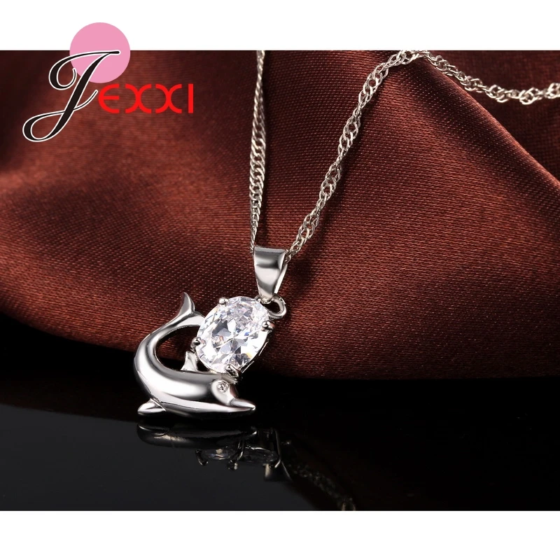 Fashion Austrian Crystal Jewelry Set 925 Sterling Silver Sweet Dolphin Pendant Necklace Loop Earrings Sets for Women - Image 2