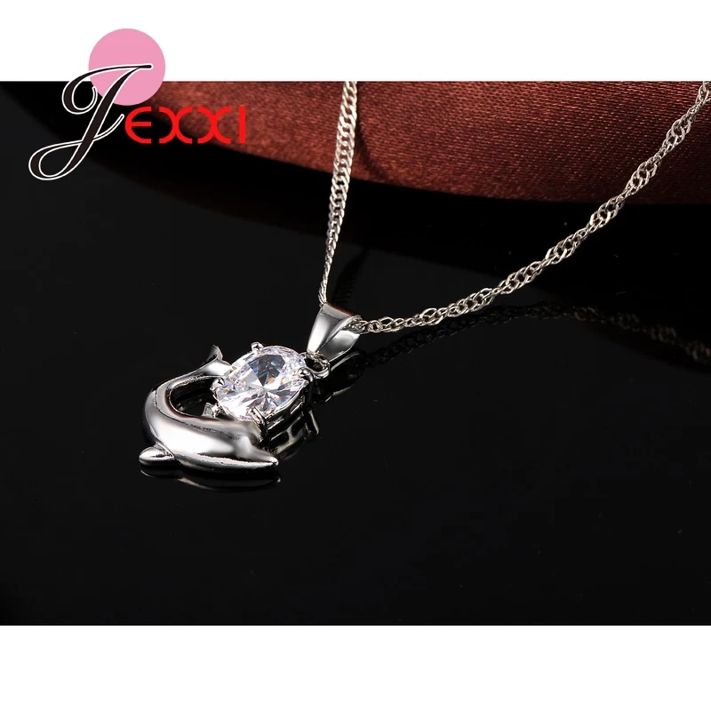 Fashion Austrian Crystal Jewelry Set 925 Sterling Silver Sweet Dolphin Pendant Necklace Loop Earrings Sets for Women - Image 3
