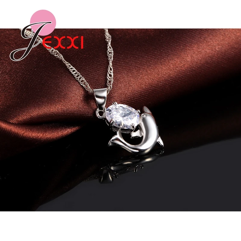 Fashion Austrian Crystal Jewelry Set 925 Sterling Silver Sweet Dolphin Pendant Necklace Loop Earrings Sets for Women - Image 4
