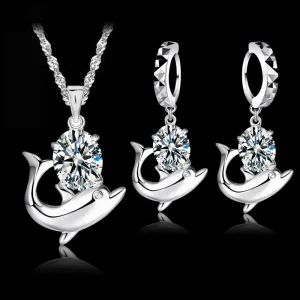 Fashion Austrian Crystal Jewelry Set 925 Sterling Silver Sweet Dolphin Pendant Necklace Loop Earrings Sets for Women