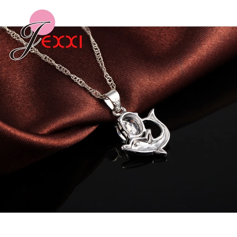 Fashion Austrian Crystal Jewelry Set 925 Sterling Silver Sweet Dolphin Pendant Necklace Loop Earrings Sets for Women - Image 5