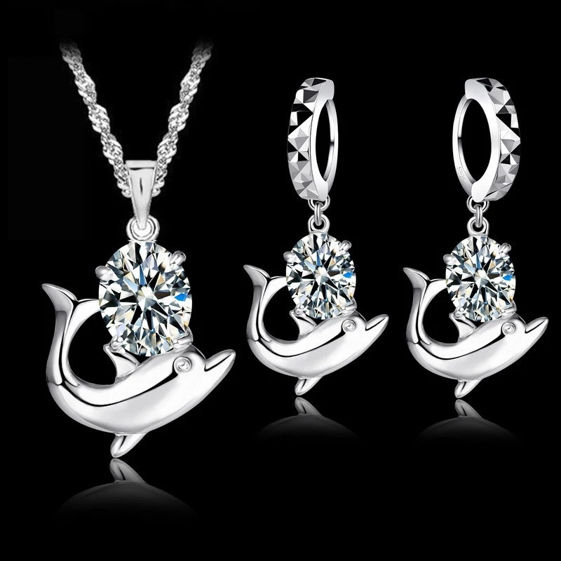 Fashion Austrian Crystal Jewelry Set 925 Sterling Silver Sweet Dolphin Pendant Necklace Loop Earrings Sets for Women