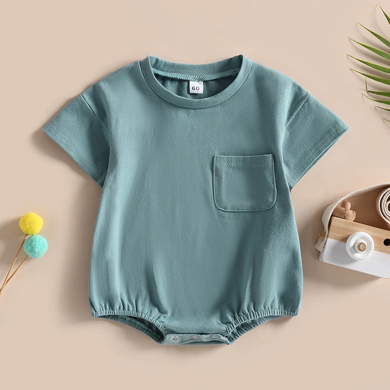 Fashion Baby Boy Girl Solid Color Short Sleeve Pocket Rompers Casual Summer Baby Jumpsuits Clothes Infant Playsuit Clothing - Image 2