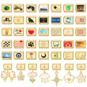 Fashion Eyes Cats Rose Strawberry Heart Gold Color Italian Charm Links Stainless Steel Fit 9mm Bracelet Jewelry DIY Making Gifts