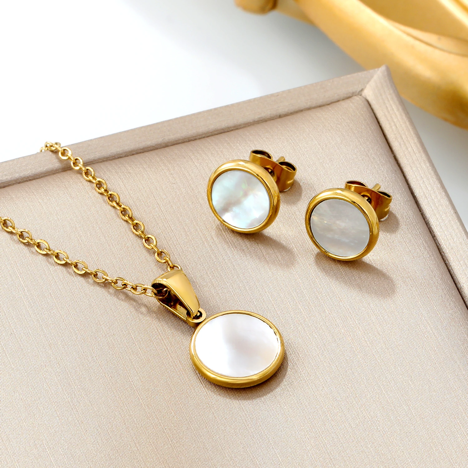 Fashion Pendants Necklace Earring Sets White Black Opal Stainless Steel Anti-allergic Pendant Necklace For Women Party Bijoux