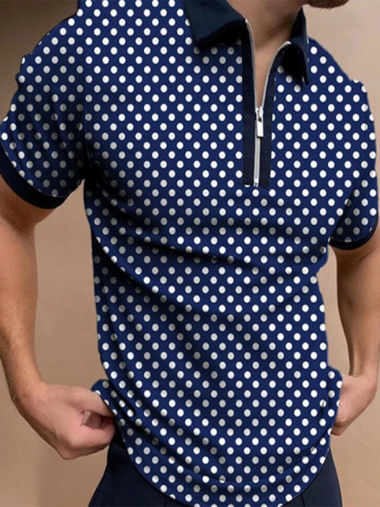Fashion circle printed polo men's outdoor casual polo personalized zipper short sleeved polo - Image 2