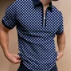 Fashion circle printed polo men's outdoor casual polo personalized zipper short sleeved polo