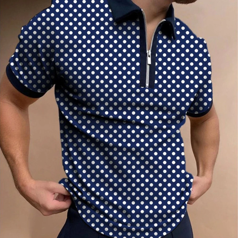 Fashion circle printed polo men's outdoor casual polo personalized zipper short sleeved polo