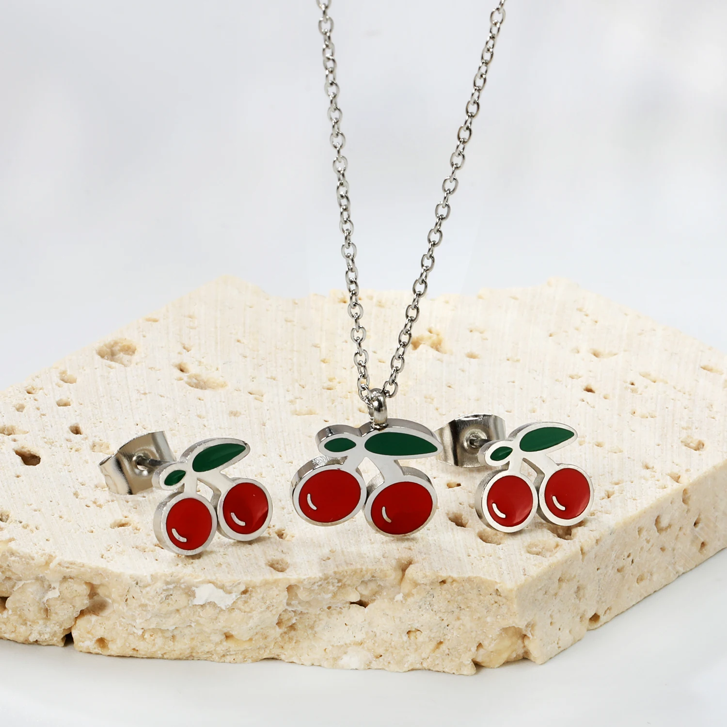 Fashionable Cute Cherry Pendant Earrings and Necklace Set for Women and Girls, Exquisite Jewelry, Stainless Steel Gift - Image 2