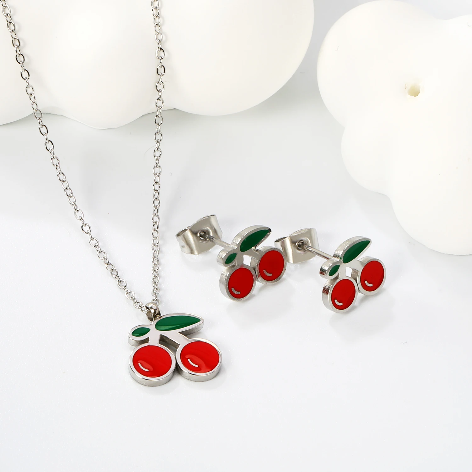 Fashionable Cute Cherry Pendant Earrings and Necklace Set for Women and Girls, Exquisite Jewelry, Stainless Steel Gift - Image 4