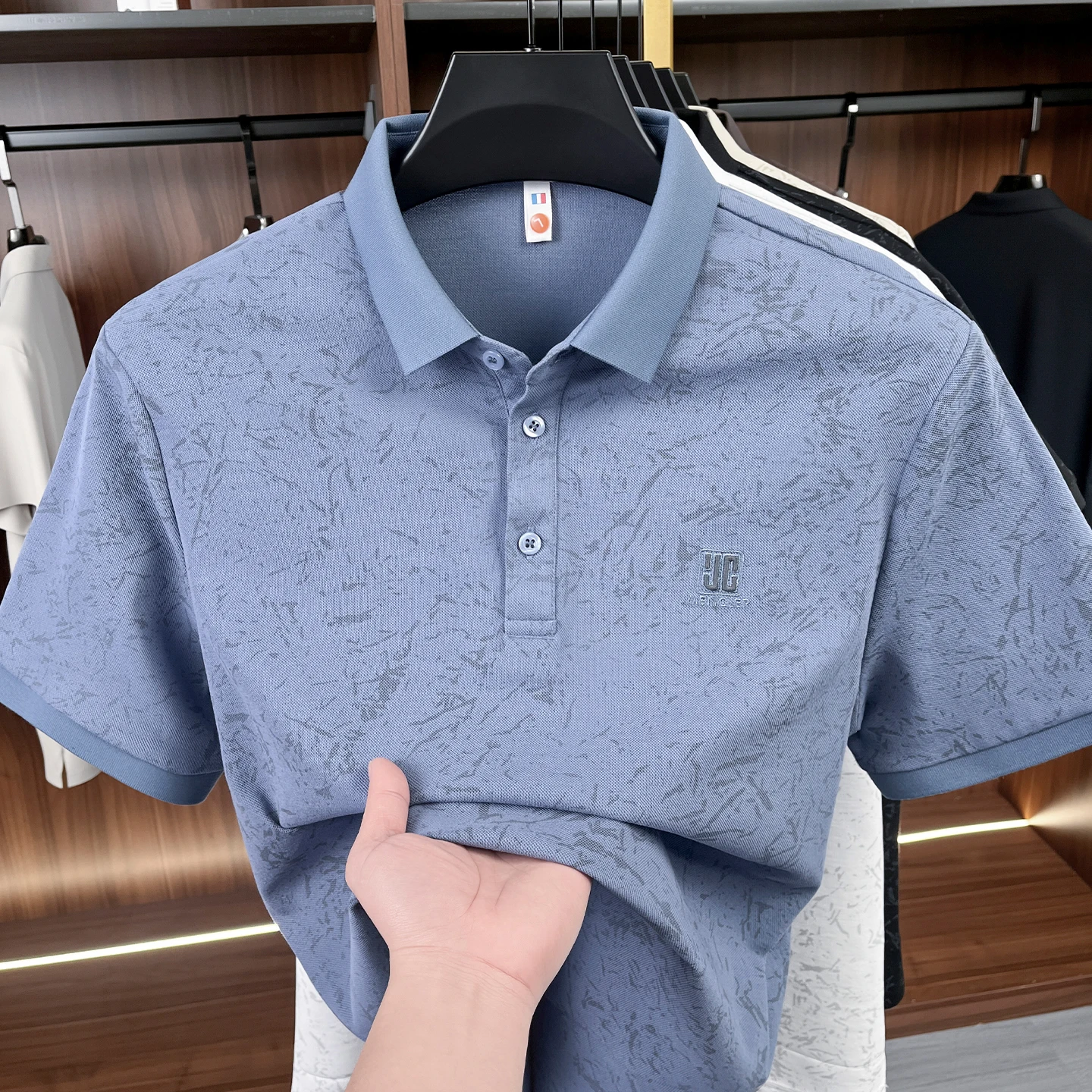 Fashionable and trendy men's lapel polo simple short sleeved printed summer new breathable top