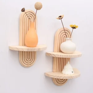 Floating Wooden Wall Mounted Shelf Wood Hanging Storage Shelf Book Flower Pot Holder Living Room Art Bedroom & Plant Display