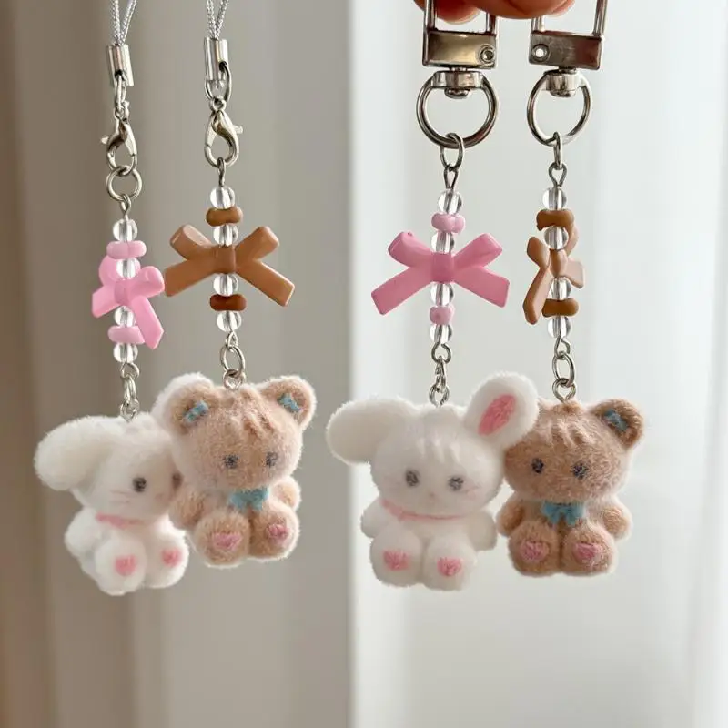 Flocking Cartoon Keychain Cute Animal Pendant Bag Decoration Keyring Phone Chain Lanyard