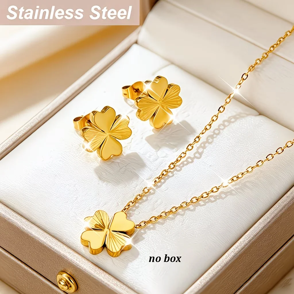 Four Leaf Clover Necklace&Earrings Set Stainless Steel Heart Flower Clavicle Chain Jewelry Elegant Sweet Romantic Daily Fashion