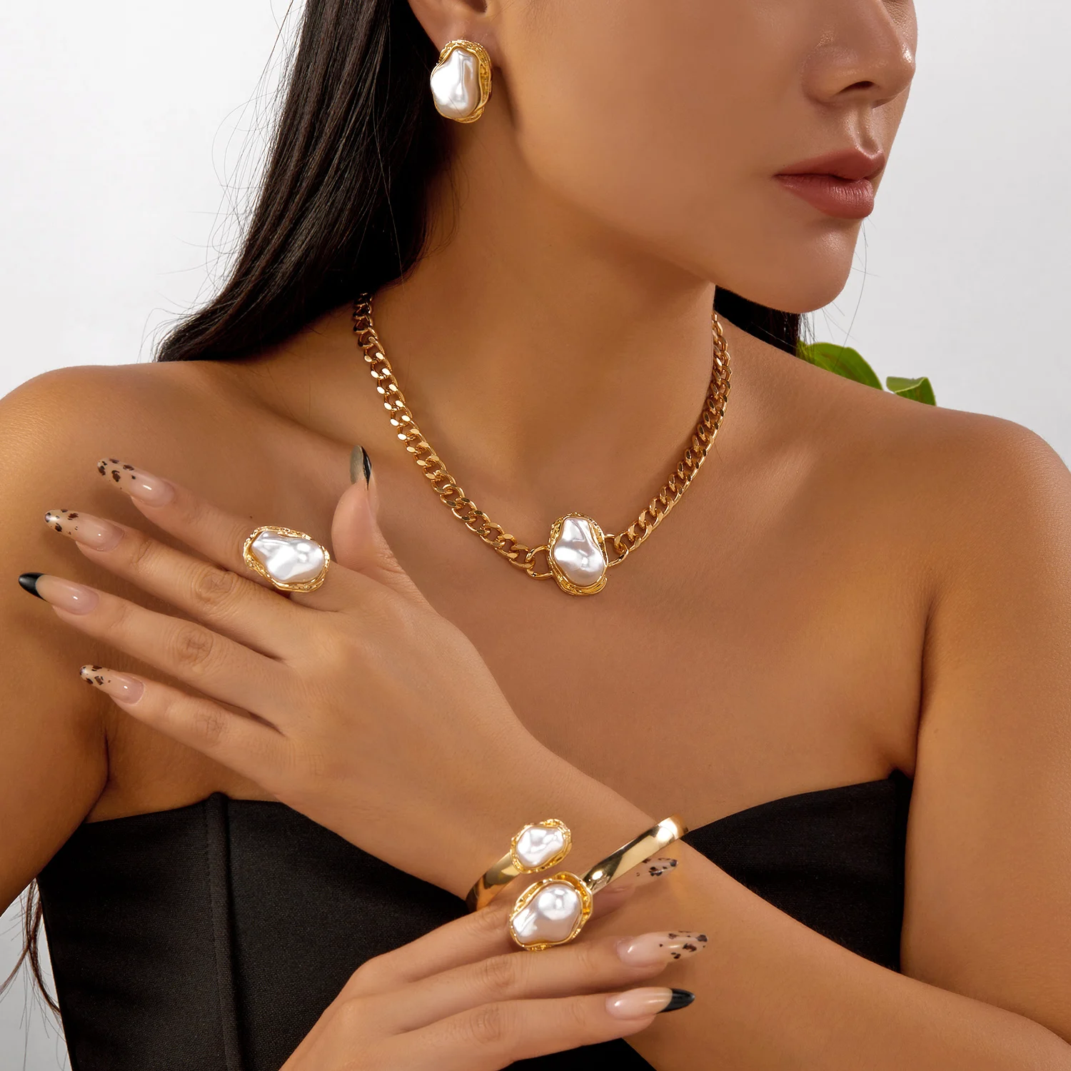 French Style Baroque Imitation Pearl Necklace Bangle Ring Earrings Set For Women Punk Gold Color Smooth Jewelry Girl Party Gifts - Image 3