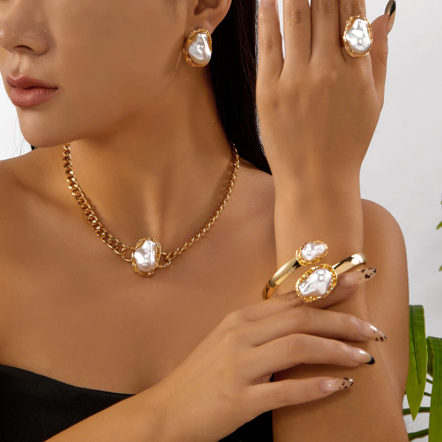 French Style Baroque Imitation Pearl Necklace Bangle Ring Earrings Set For Women Punk Gold Color Smooth Jewelry Girl Party Gifts