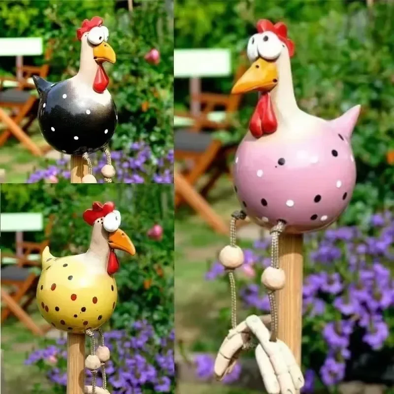 Funny Big Eyed Chicken Statue Long Foot Hen Sculptures Garden Fence Art Supplies Wooden Stake Decoration Resin Crafts - Image 2