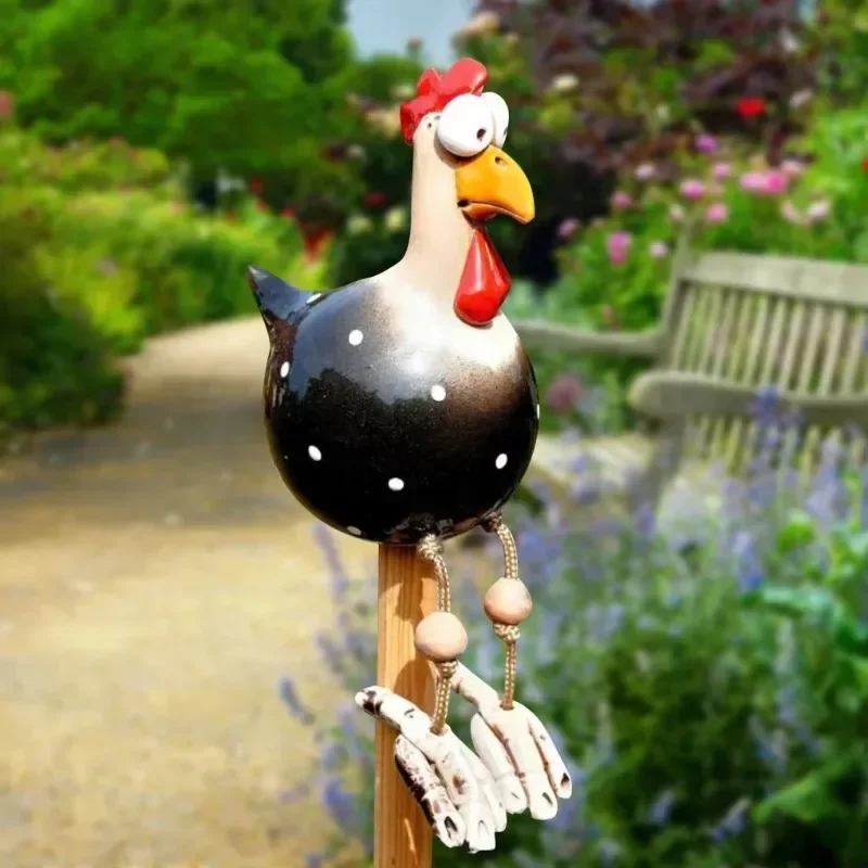 Funny Big Eyed Chicken Statue Long Foot Hen Sculptures Garden Fence Art Supplies Wooden Stake Decoration Resin Crafts - Image 3