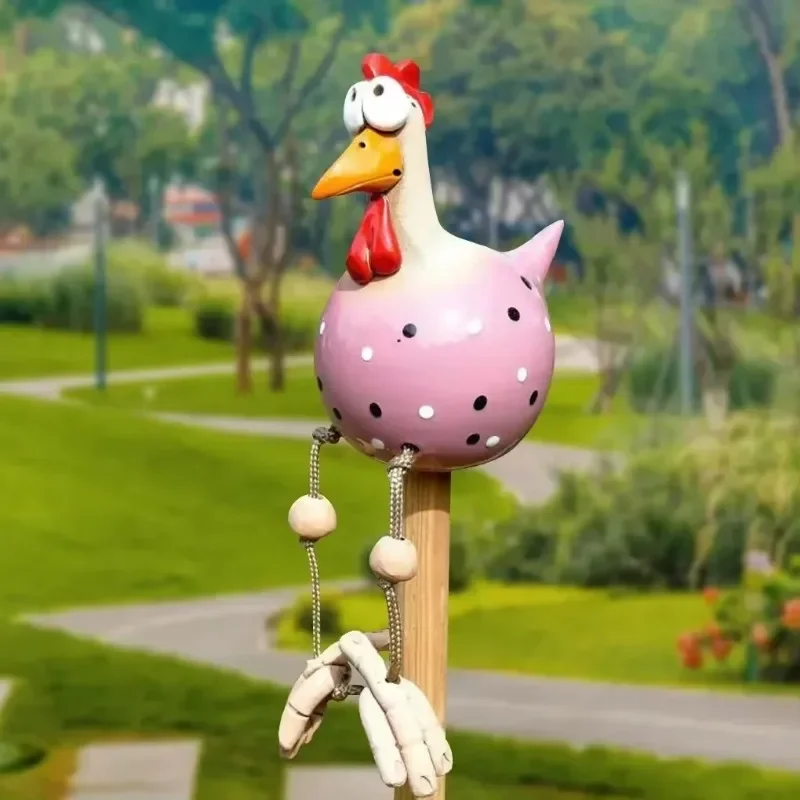 Funny Big Eyed Chicken Statue Long Foot Hen Sculptures Garden Fence Art Supplies Wooden Stake Decoration Resin Crafts - Image 4