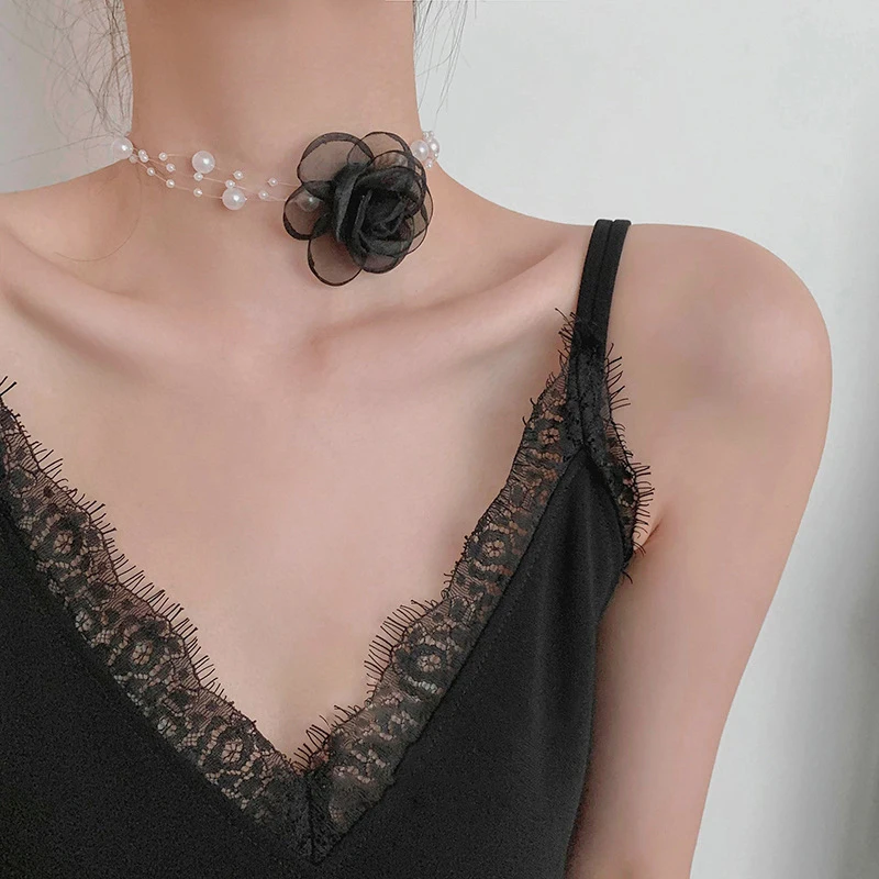 Gauze Flower Pearl Three-layer Necklace for Women Personalized Fashion Coquette Necklaces Luxury Designer Y2k Accessories - Image 2