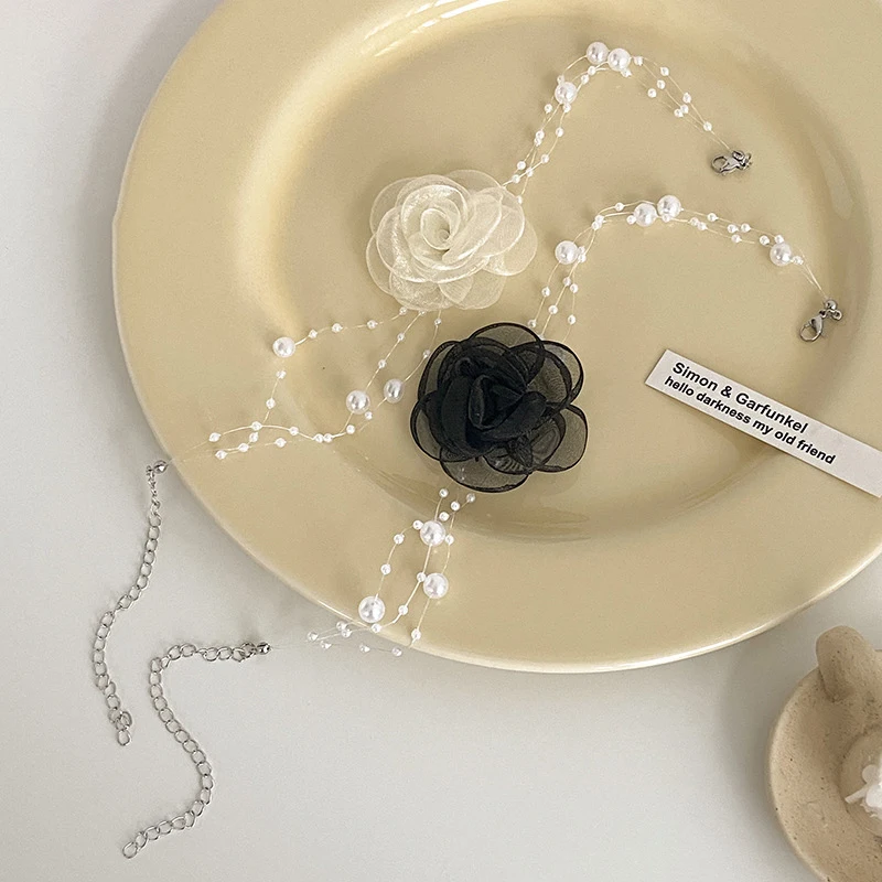 Gauze Flower Pearl Three-layer Necklace for Women Personalized Fashion Coquette Necklaces Luxury Designer Y2k Accessories - Image 5
