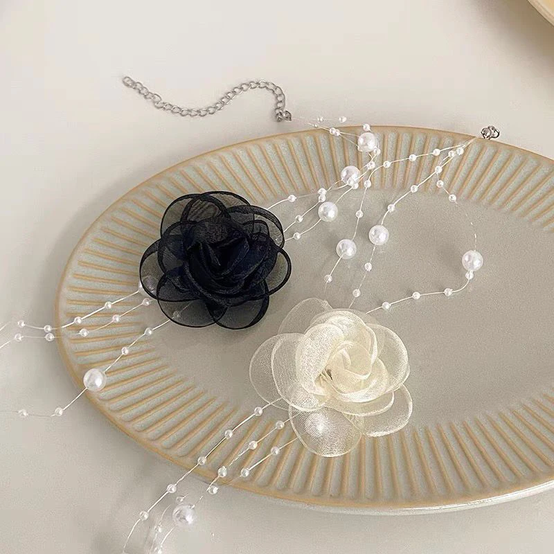 Gauze Flower Pearl Three-layer Necklace for Women Personalized Fashion Coquette Necklaces Luxury Designer Y2k Accessories - Image 3