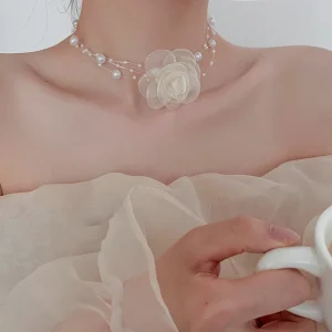 Gauze Flower Pearl Three-layer Necklace for Women Personalized Fashion Coquette Necklaces Luxury Designer Y2k Accessories