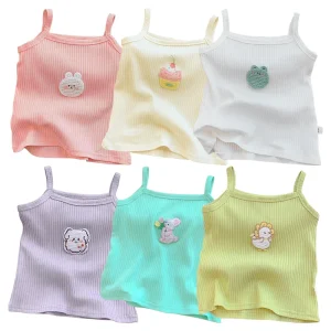 Girls Cartoon Embroidery Sleeveless Knitted Tank Tops Slim Fit Stretchy Summer Camisoles Cute Candy Color Casual Kids Clothing