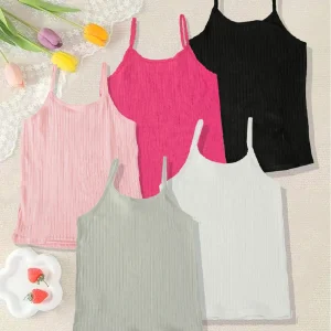 Girls' Solid Color Ribbed Tank Top, Thin and Breathable Casual Underwear, Multi-Pack