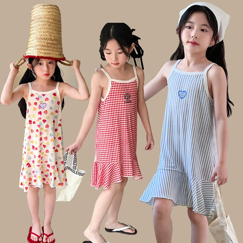 Girls' Summer Cotton Dresses Children's Fashion Dresses Thin Girls' Halter Dresses Children's Flower Dresses Dot Dresses Plaid D - Image 2
