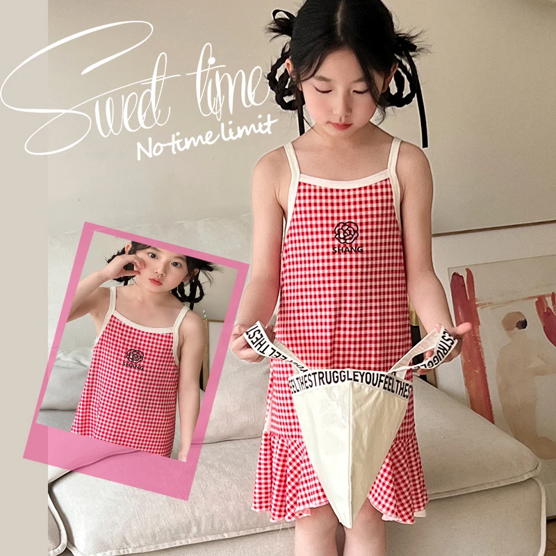 Girls' Summer Cotton Dresses Children's Fashion Dresses Thin Girls' Halter Dresses Children's Flower Dresses Dot Dresses Plaid D - Image 6
