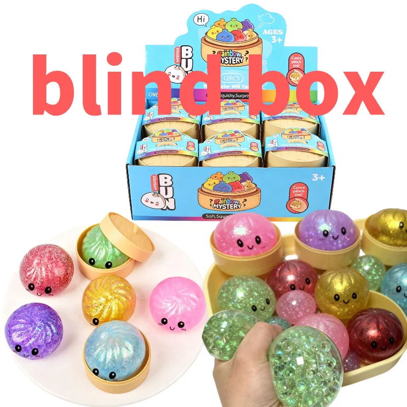 Glitter Dumpling Squishy with Box Dumplings Sensory Steamer Soft TPR Dough Ball for Decompression Fidget Toy Stress Relief Gift