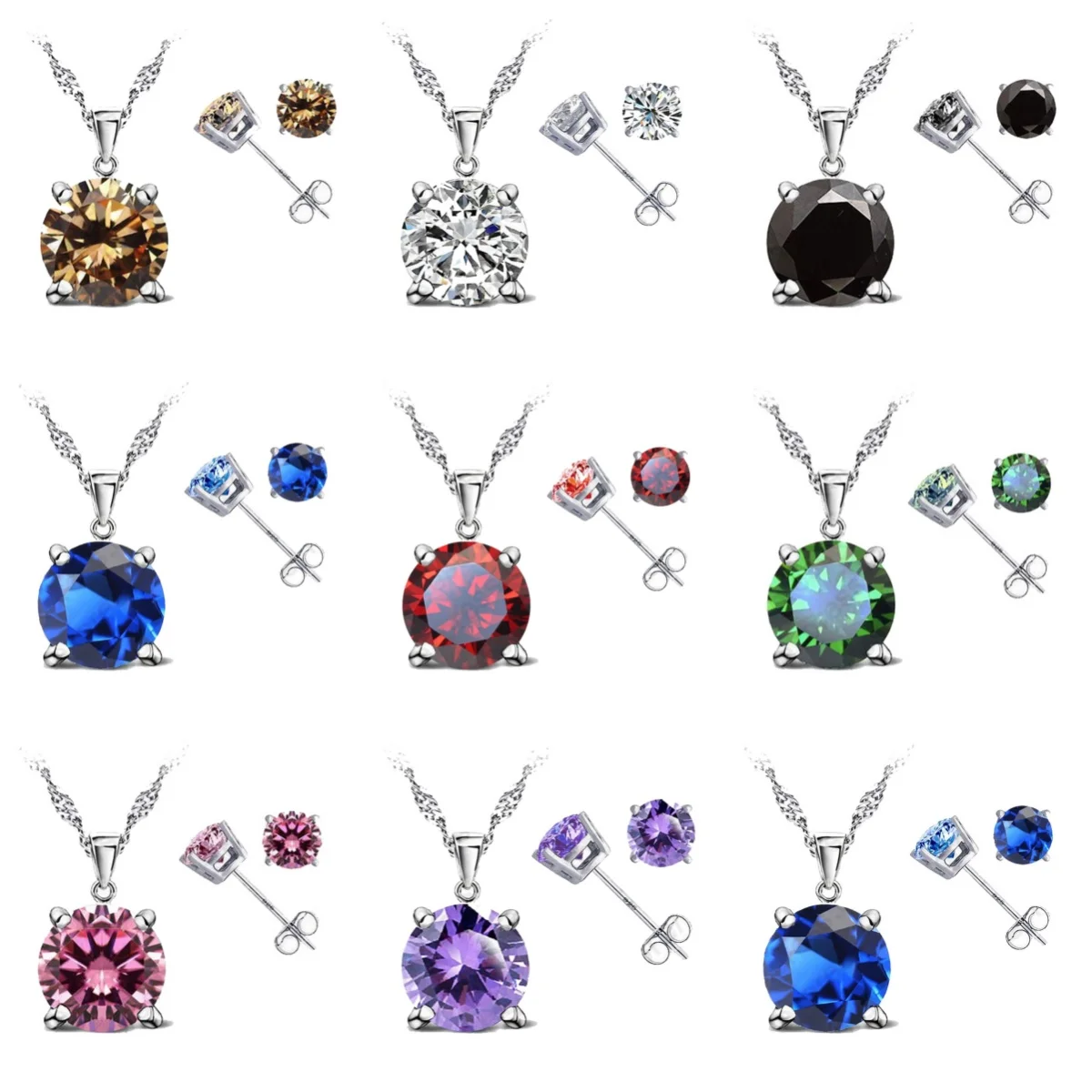 Good Quality 925 Sterling Silver Jewelry Sets for Woman Classic Claw Setting Cubic Zirconia Stud Earring Pendant Necklace