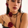 Goth Y2K Romantic Rose Flower Necklace Bracelet Earrings Set Adjustable Rope Choker Clavicle Chain for Women