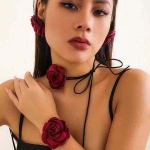 Goth Y2K Romantic Rose Flower Necklace Bracelet Earrings Set Adjustable Rope Choker Clavicle Chain for Women